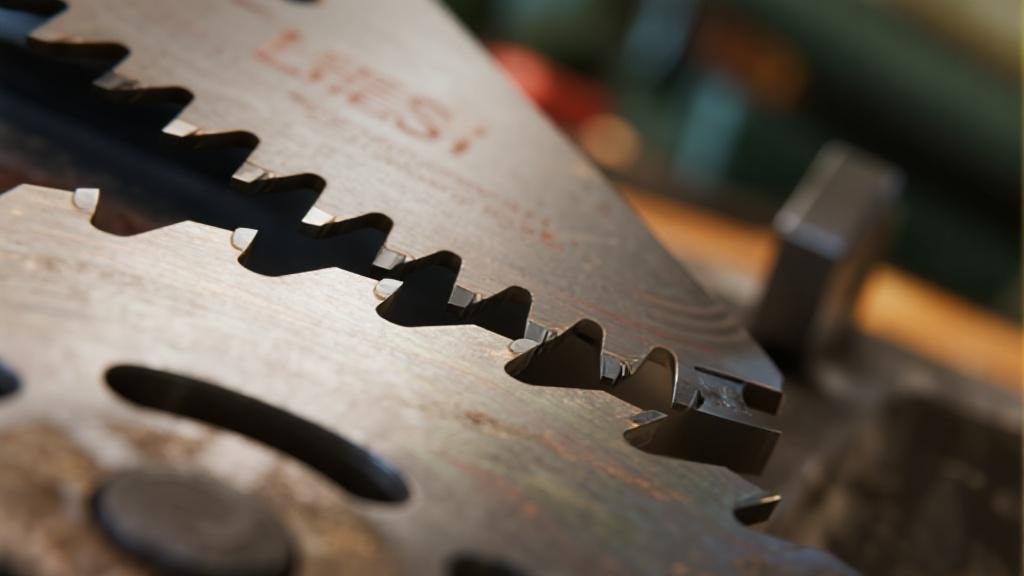 Close up of a professional carbide saw blade showing precision teeth